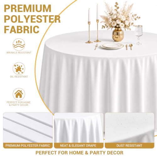 White 120 Inch Round Tablecloths - Pack of 10 Washable Polyester Cover for Dining & Events
