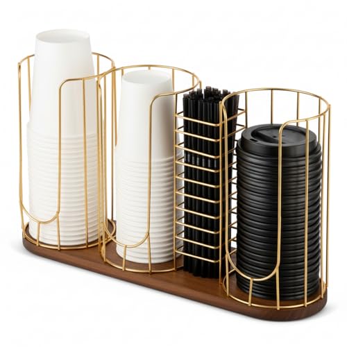 Coffee Cup Dispenser Organizer with Wooden Base - 4 Compartments, Color 2