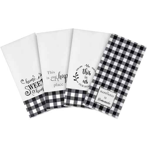 Honoson 4 Pcs Christmas Kitchen Dish Towels Farmhouse Hand Tea Towels Absorbent Quick Dry Dish Cloths Polyester Cleaning Cloth for Christmas Home Gifts Kitchen Supplies(White and Black,Plaid Style)