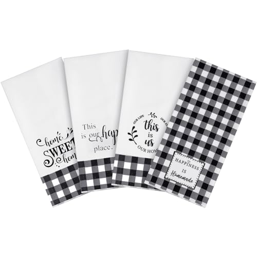 Honoson 4 Pcs Christmas Kitchen Dish Towels Farmhouse Hand Tea Towels Absorbent Quick Dry Dish Cloths Polyester Cleaning Cloth for Christmas Home Gifts Kitchen Supplies(White and Black,Plaid Style)