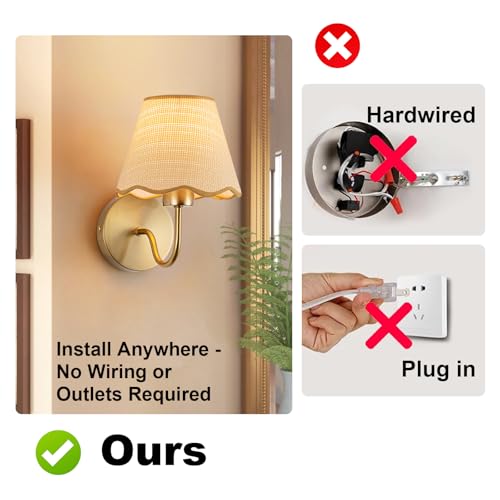 ADISUN 10-Inch Gold Wall Sconce Set of 2 with Rattan Shades - Battery Operated, Rechargeable Wall Lamps for Living Room & Bedroom