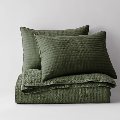 WDCOZY Olive Green King Size Cotton Quilt Set with Channel Pick Stitch - 106x96