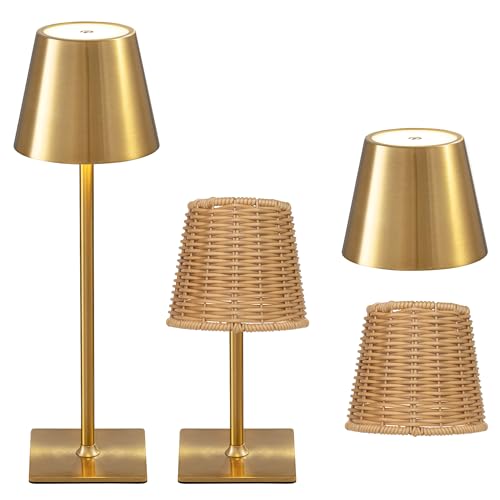Mr. White 2-Pack Waterproof Outdoor Cordless LED Table Lamps with Wicker & Iron Shades, Gold
