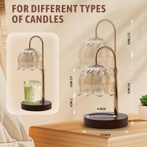 GEEZO Gold Fragrance Candle Warmer Lamp with Timer & Dimmer – Adjustable Height 13.3in, 2x50W Bulbs
