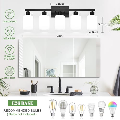 Matte Black 5-Light Bathroom Vanity Light Fixture with Milky White Shades — Over Mirror, Modern Wall Lamp