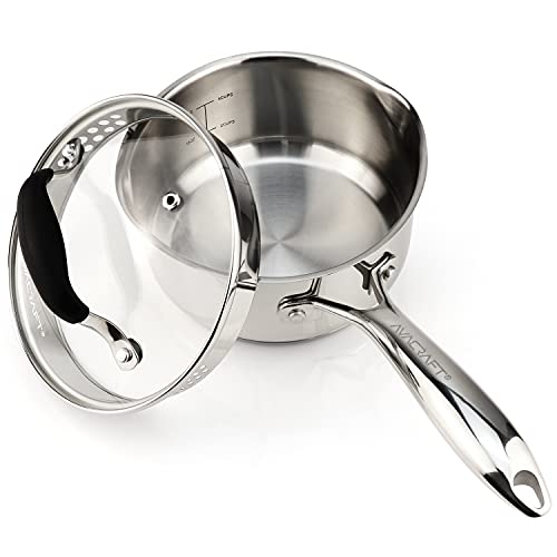 AVACRAFT 1.5 Quart Tri-Ply Stainless Steel Saucepan with Glass Lid - Capsule Bottom, Medium-Heat Cooking