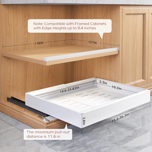 Seinloes White 2 Pack Pull Out Cabinet Organizers 15.2-26.3" Wide, 21" Deep with Adjustable Width & 3 Slide Rails