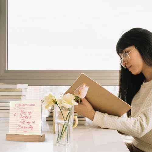 YAANUNULU Buy Me Books & Tell Me I am Pretty Desk Decor Acrylic Plaque with Wooden Stand for Women Book Lovers, Bookish Home Decoration Home Bedroom Office Bookshelf Decor 4.3 X 4.7 Inches