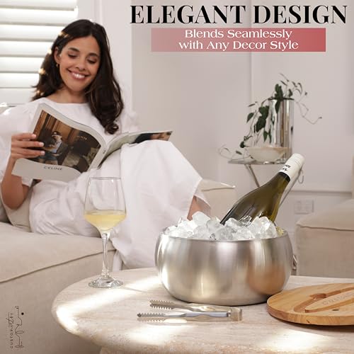 Gusto Nostro 4.3 Qt Insulated Stainless Steel Ice Bucket with Lid & Tongs - Silver