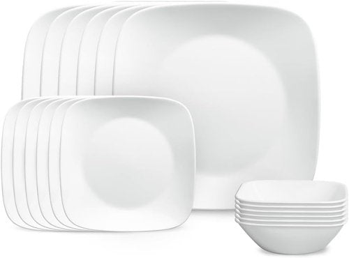 Corelle Vitrelle 18-Piece Dinnerware Set - Lightweight, Chip-Resistant Square Plates & Bowls | Pure White