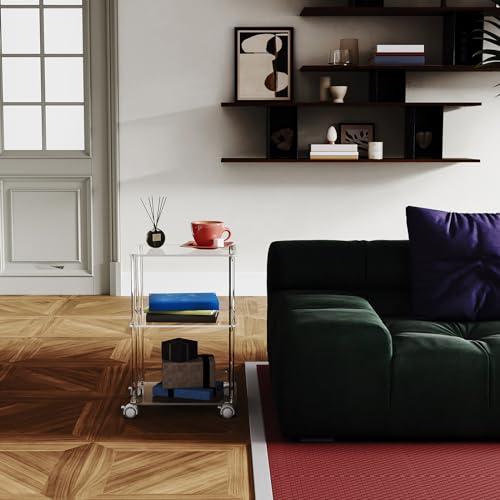 Acrylic Rolling Side Table - 3 Tier Movable End Table with Lockable Wheels