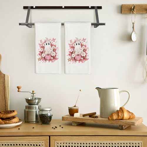 Pink Fall Floral Ghost Halloween Kitchen Towels, Pink Halloween Decor Decorative Dish Tea Hand Towels for Kitchen, Cute Ghost Decor, 16x24 Inch