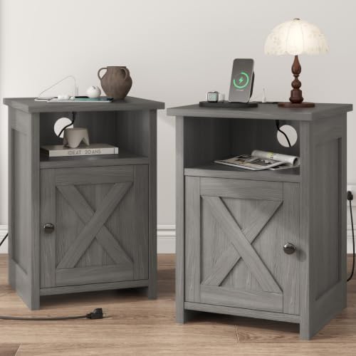AURINEST Farmhouse End Table Set of 2 with Charging Station - Rustic Nightstands with Barn Door & Storage Shelf, Grey