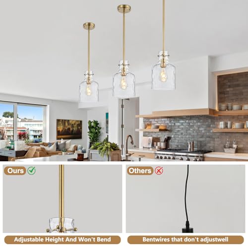 Pendant Light Fixture with Hammered Glass Shade - Gold Finish, 7 Inch, Adjustable Hanging for Kitchen Island & Dining - Variation of Gold Hammered Glass / 1-Light