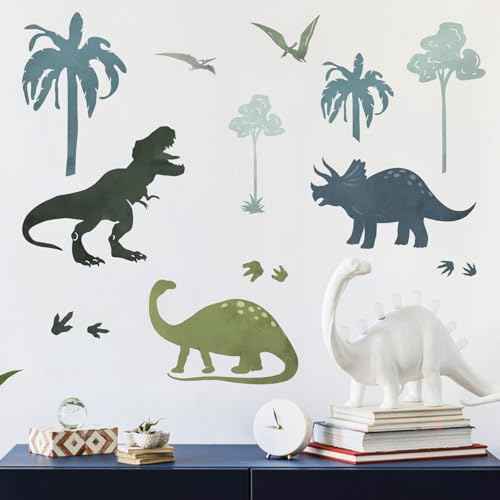 Yovkky Dinosaur Tropical Plant Wall Decals Stickers, Dino Palm Tree Footprints Toddler Baby Nursery Decor, Feet Tracks Paw Prints Home Decorations Kids Bedroom Playroom Art