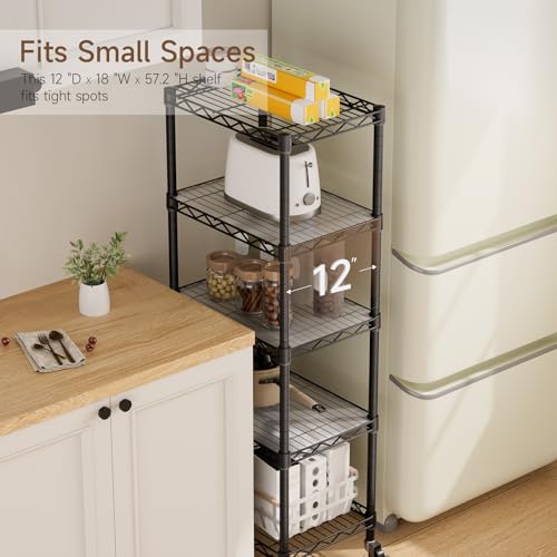 Small Adjustable Wire Shelving Unit with Wheels - 5-Tier Black Storage Rack