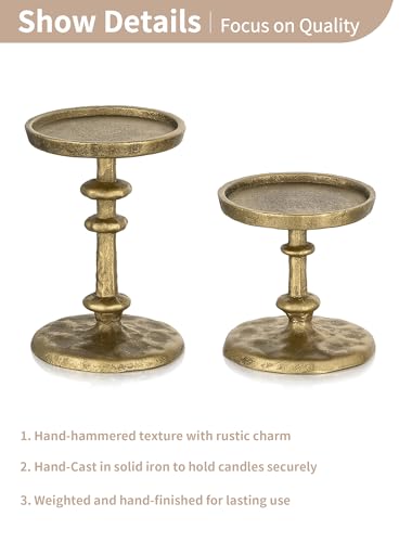 NUPTIO Gold Cast Iron Candle Holders Set - Antique Brass Pillar Candle Stands