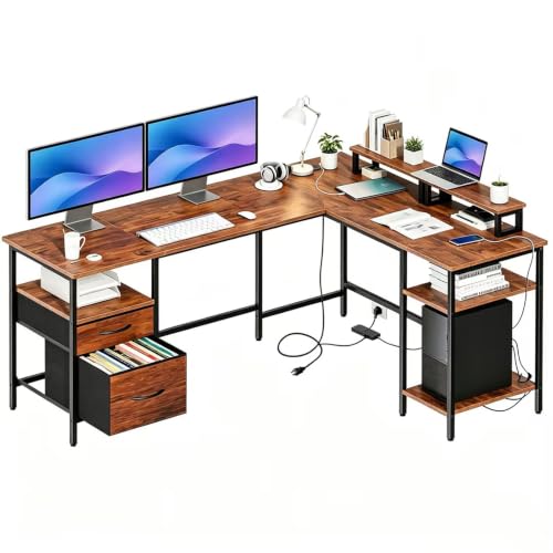 Rustic 62 Inch L-Shaped Computer Desk with Charging Station - DUMOS