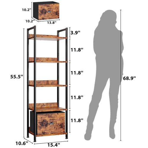 Furologee 5 Tier Bookshelf with Drawer, Tall Narrow Bookcase, Rustic