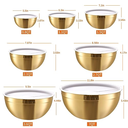 Moxinox Gold Nesting Stainless Steel Mixing Bowls Set of 7 with Airtight Lids