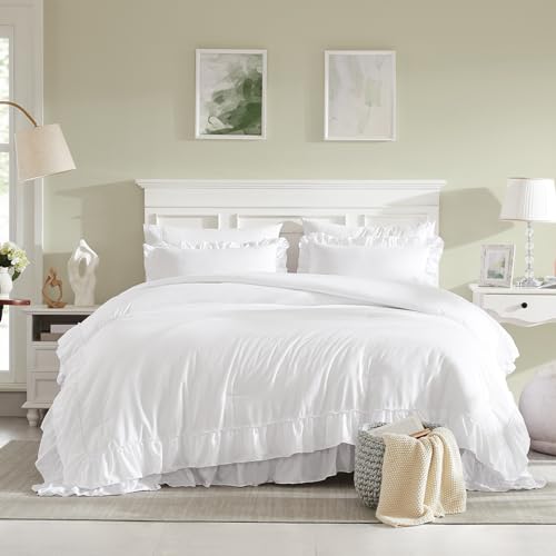Cupocupa White Queen Comforter Set 3Pcs Ruffle Farmhouse Bedding - Lightweight & Fluffy