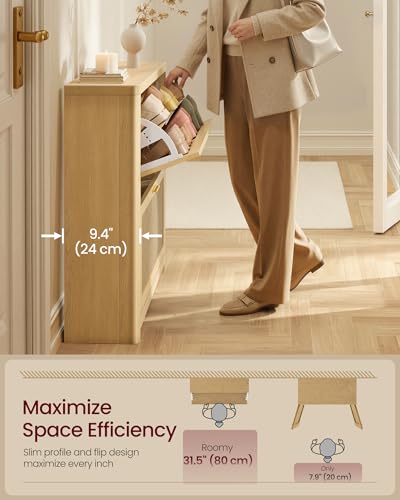 VASAGLE Boho Shoe Storage Cabinet - Slim Rattan Look Flip Drawers, Oak Beige - 9.4"D x 33.9"W x 32.9"H