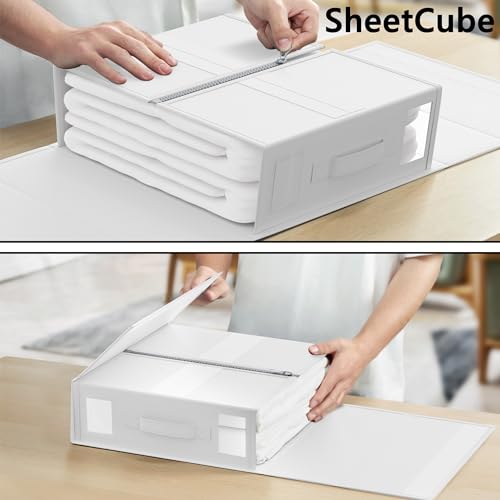 SUOCO 6 Pack Bed Sheet Organizers & Storage Boxes with Labels, Foldable Linen Closet Organizer, White
