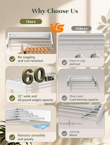 Wall Mounted Clothes Drying Rack 32'' Foldable Laundry Hanger with Hooks