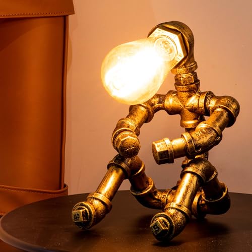 Steampunk Table Lamp with Robot Design - Vintage Industrial Water Pipe Desk Light - Bronze C