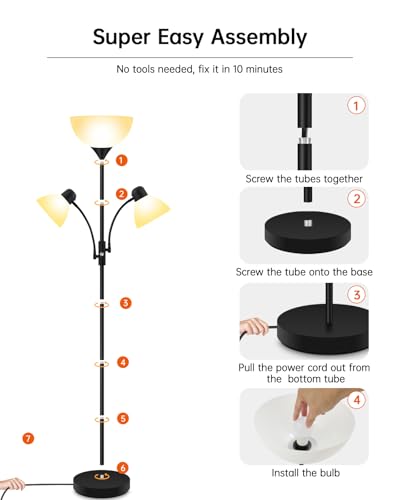 BoostArea Torchiere Floor Lamp with Reading Lights - 71 Inch Black Standing Lamp (NO BULB) - Modern 3-Way Switch
