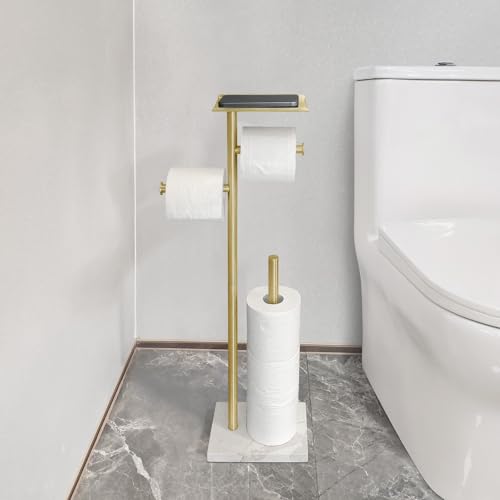 Brushed Gold Toilet Paper Holder with Shelf and 2 Dispensers - Marble Base, Free Standing Bathroom Organizer