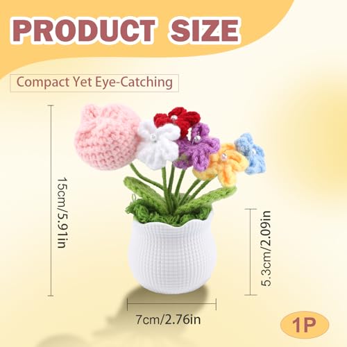 Crochet Pink Flower Pot Set - Handmade Knit Artificial Flowers for Home Office Decor