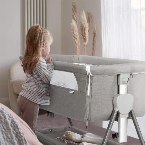 Cowiewie Pyramid Light Gray Baby Bedside Bassinet with 7-Position Height & Storage