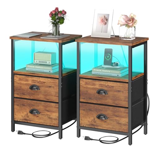 Rustic Brown Nightstand Set of 2 with LED Light & Charging Station - Industrial Bedside Tables with Fabric Drawers, 3-Tier Storage