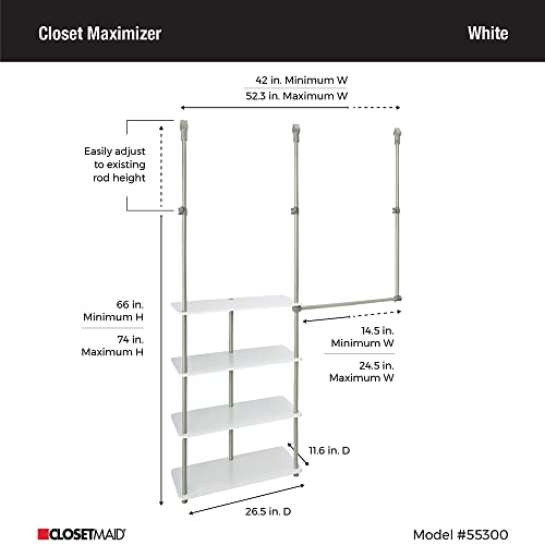 White Closet Maximizer™ Closet Accessory with 4 Shelves & Double Hang Rod - Adjustable, Tool-Free Installation