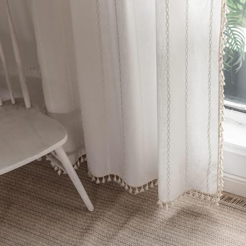 White 52W x 84L Boho Linen Curtains with Tassels - Pack of 2, Semi-Blackout for Living Room & Bedroom