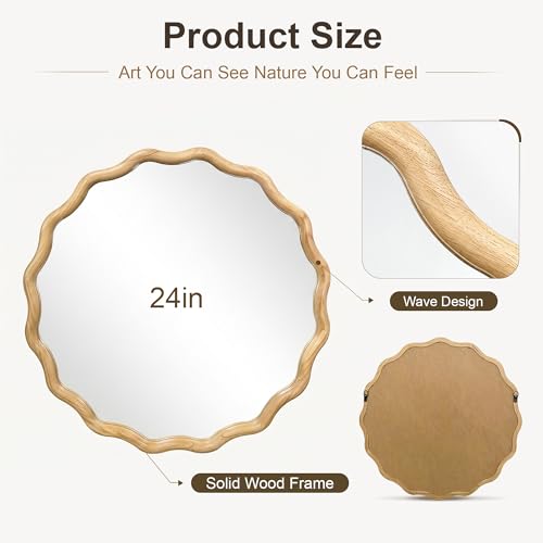Natural Wood Wavy Circle Wall Mirror 24-inch Boho Round Decor - Variation of THIS listing