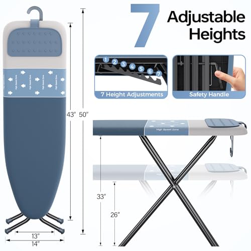 Full Size Foldable Ironing Board 43x13in with Adjustable Height Cowboy Blue