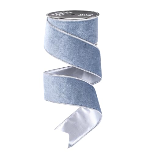 DINDOSAL Dusty Blue Velvet Wired Ribbon 2.5 Inch x 10 Yards - Silver Back