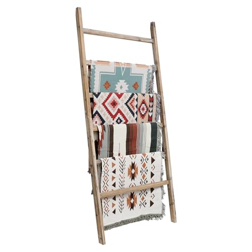 Extra Wide Wooden Blanket Ladder 38 Inch Rustic Decor Rack - Burnt Brown, 6.4ft
