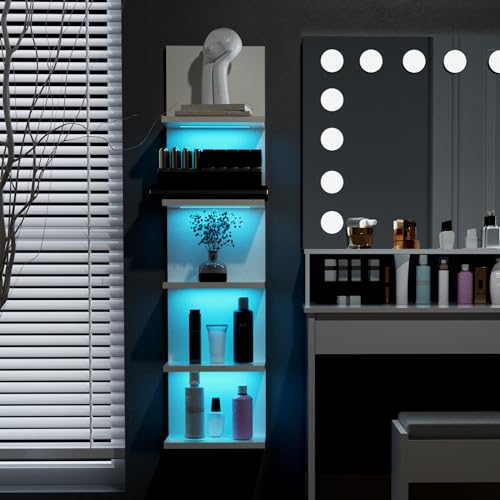 RGB Light 5-Tier Wall Shelf Unit - White, Modern Floating Shelves with Remote