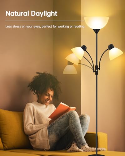 BoostArea Torchiere Floor Lamp with Reading Lights - 71 Inch Black Standing Lamp (NO BULB) - Modern 3-Way Switch