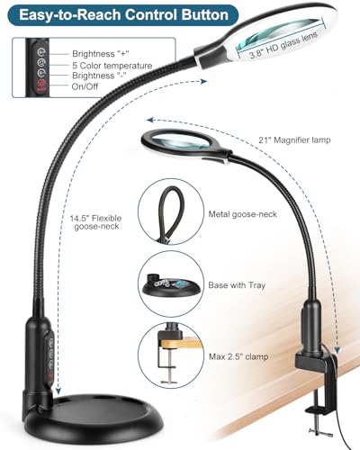 Black 12X Magnifying Glass with Light & Stand - LED 5 Color Modes, Stepless Dimming, Hands-Free Desk Clamp Lamp for Crafts & Close Work
