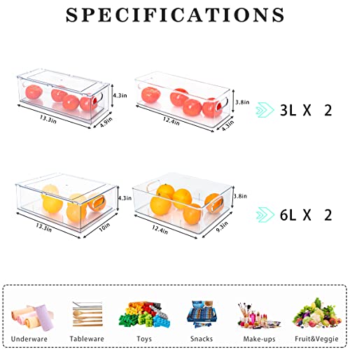 MANO Stackable Fridge Drawer Bins Set 2x3L & 2x6L Clear Food Storage Containers