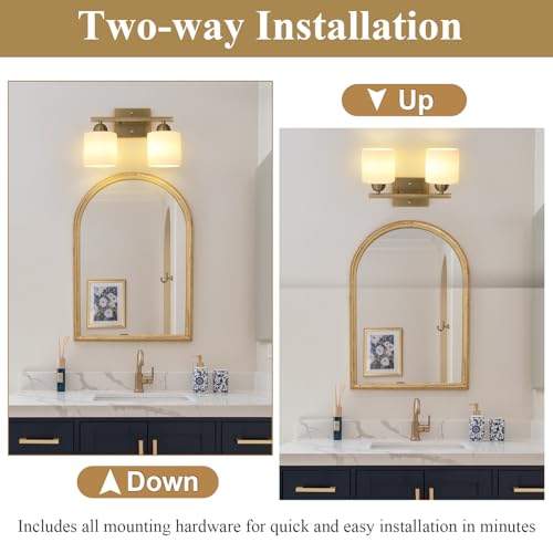 Brass 2-Light Milk Glass Vanity Lights for Bathroom - Over Mirror Wall Fixture