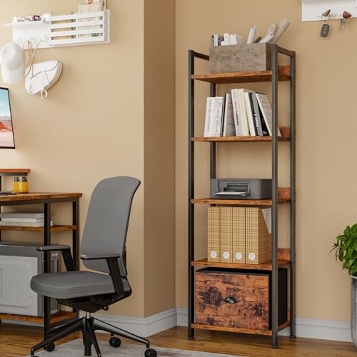 Furologee 5 Tier Bookshelf with Drawer, Tall Narrow Bookcase, Rustic