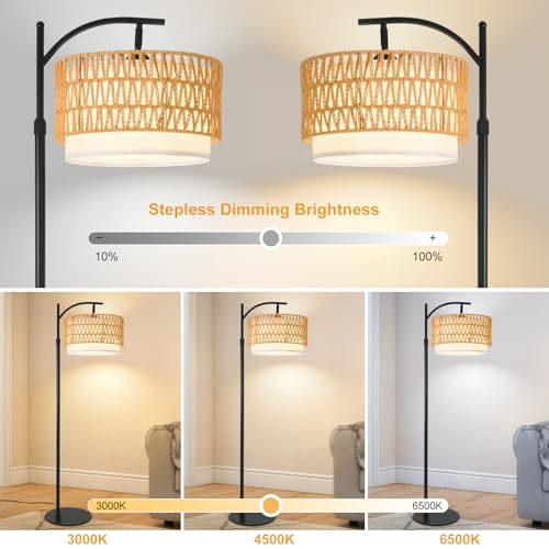 Country Black Rustic Farmhouse Floor Lamp with Woven Rattan Shade - 12W LED Dimmable Tall Standing Light for Living Room - DRAWNCAT