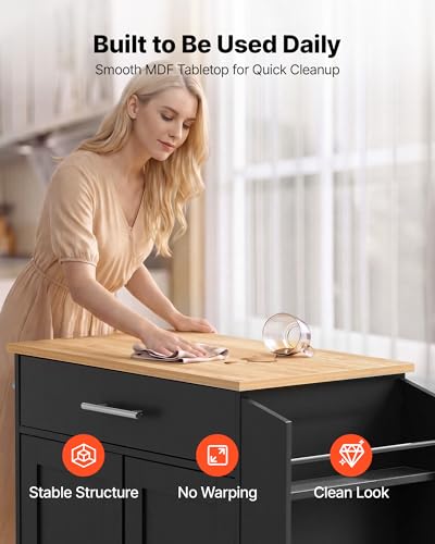 VEVOR Black Kitchen Island Cart with Storage, 31.3" Wide Mobile Rolling Trolley with Drawer & Spice Rack