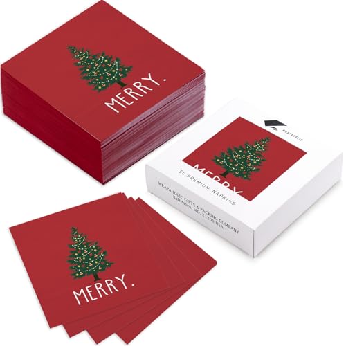 Wrapaholic 50 Pcs 3-Ply Christmas Napkins 6.5x6.5 Red with Tree & Merry