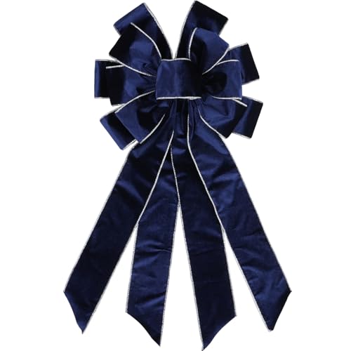 YKW Large Navy Blue Velvet Christmas Bow 20.87" x 11.42" with Silver Edge - Premium Winter Holiday Wreath Bow for Front Door, Tree Topper, Elegant Xmas Decorations